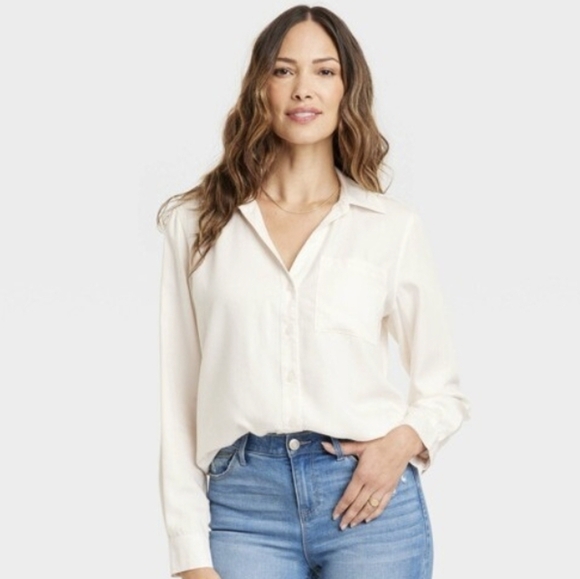 NWT Knox Rose Women's Ivory Long Sleeve Button Down Shirt L - Picture 1 of 4